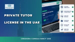 Private Tutor License UAE guide showing the MOHRE application process, including UAE PASS verification, document upload, Code of Conduct signing, and permit application steps.