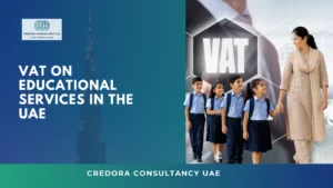 VAT on Educational Services in the UAE showing a teacher with school students illustrating UAE VAT rules for qualifying educational institutions, school fees, and education sector taxation.